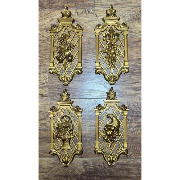 Vintage Wall Plaques Ornate Regency Dart 1970sGold Spring Floral Fall Bounty 4pc - Picture 1 of 10